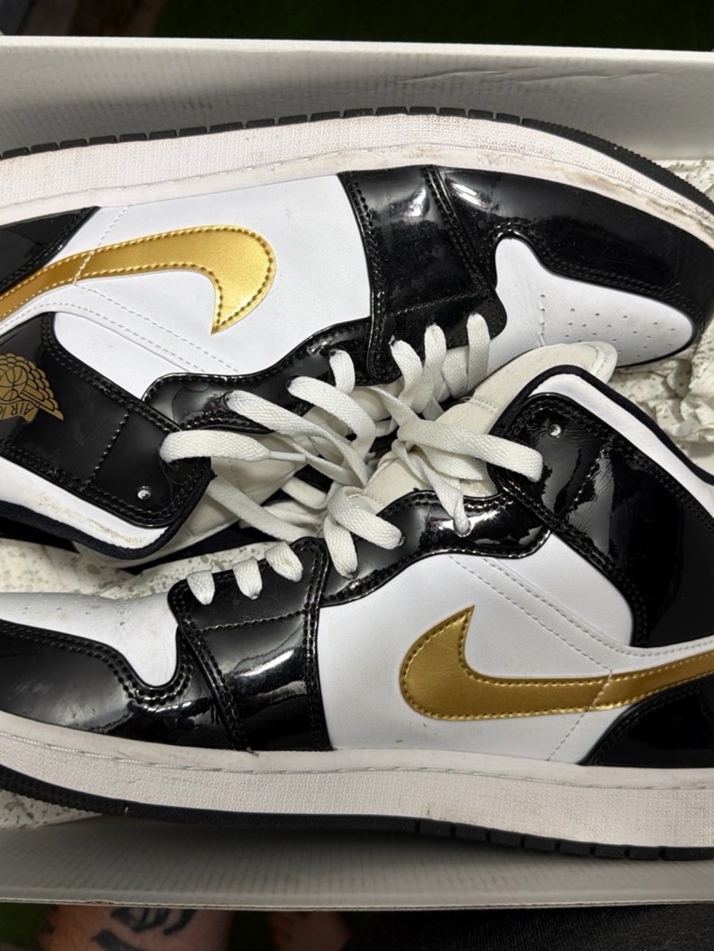 Jordan White Black Gold Patent High-Top Sneakers